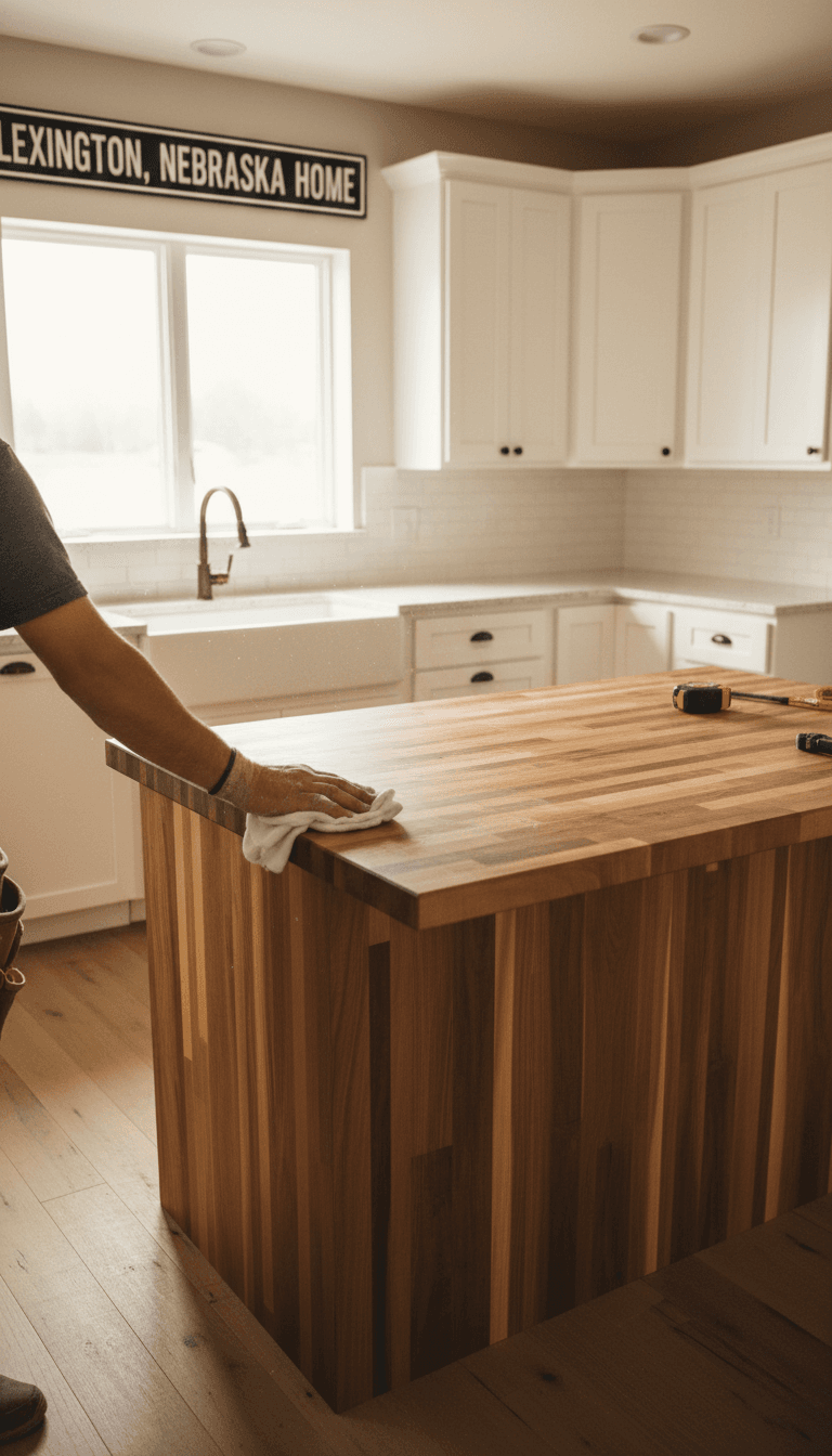 Newly remodeled kitchen with white shaker cabinets, farmhouse sink, and butcher block island