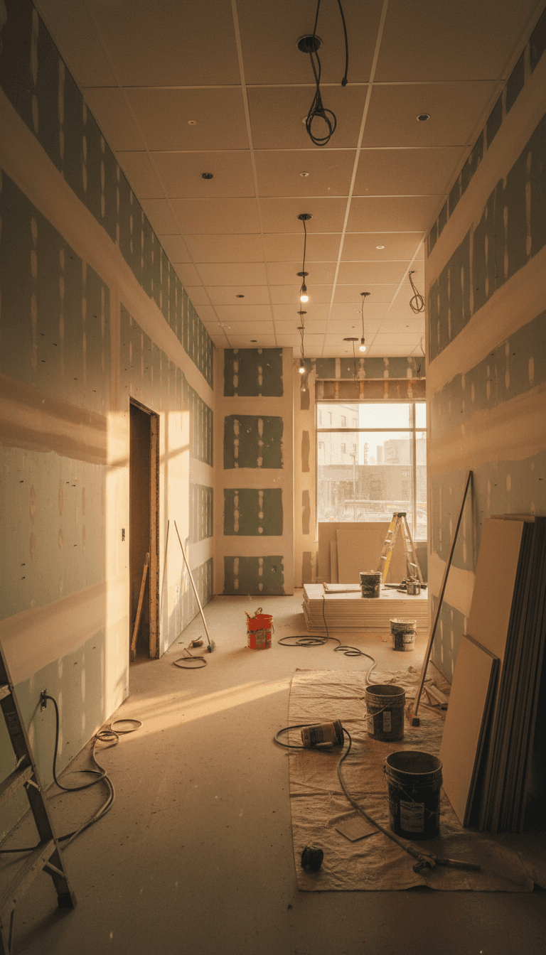 A restaurant dining area under construction with framed drywall walls and ceiling ready for taping