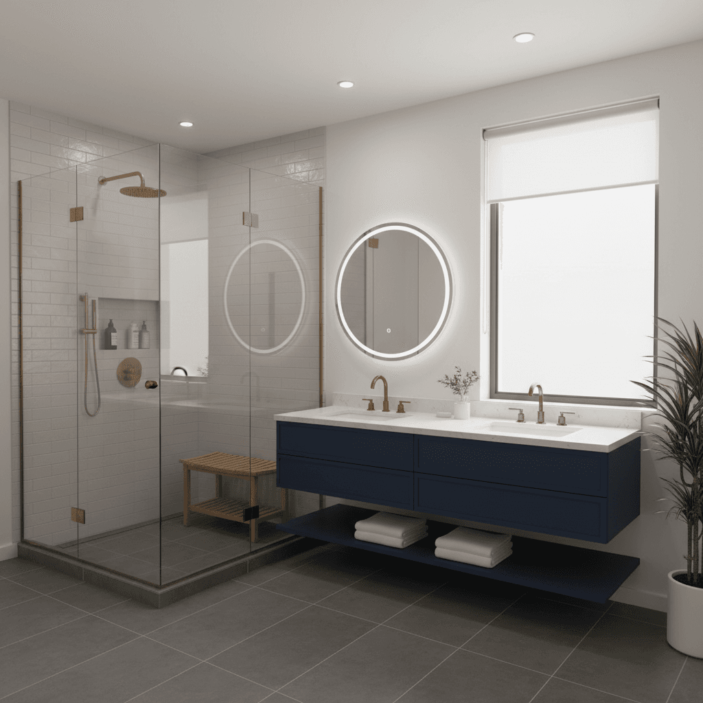 Modern walk-in shower with hexagonal floor tiles and dark blue vanity