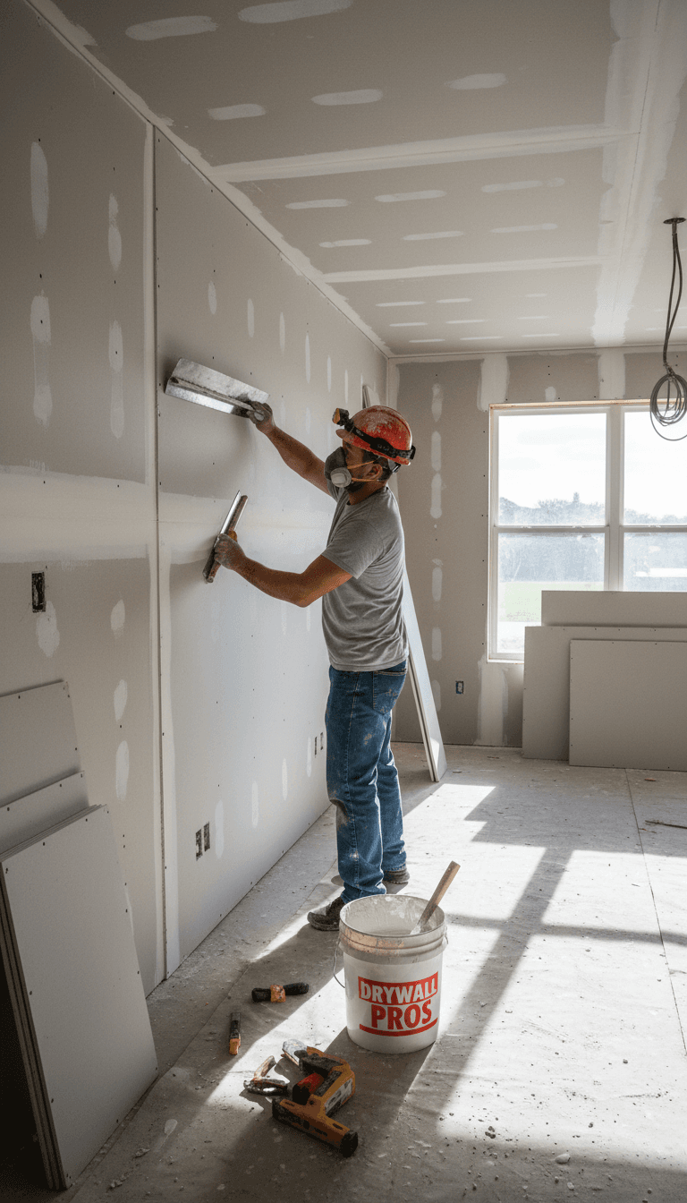 Drywall installation in progress with taping and mudding on the seams
