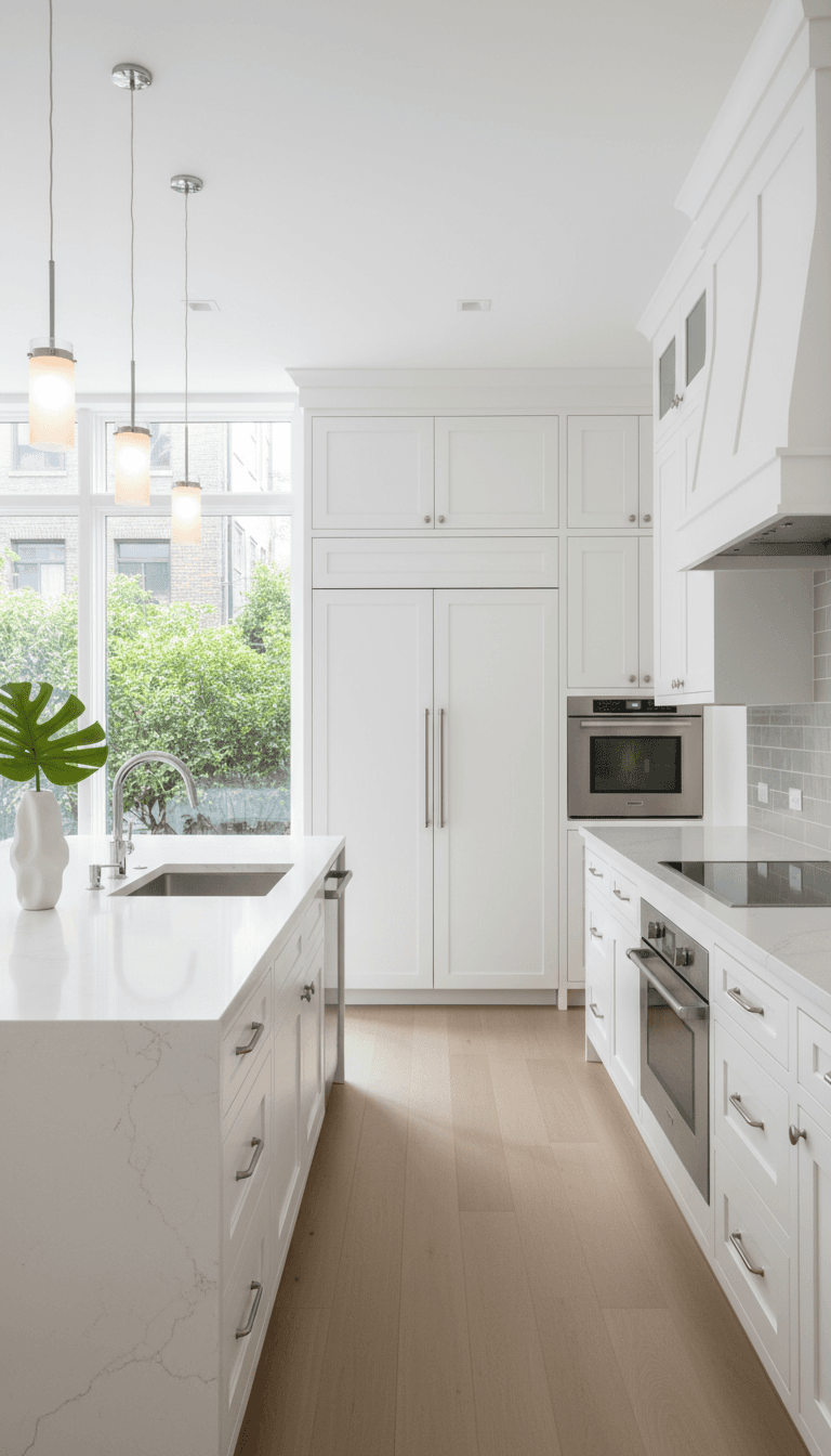Modern kitchen with custom white shaker cabinets and quartz countertops