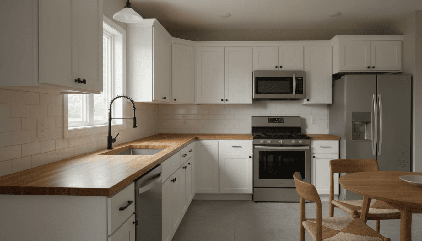 Newly remodeled kitchen with white cabinetry and wooden countertops