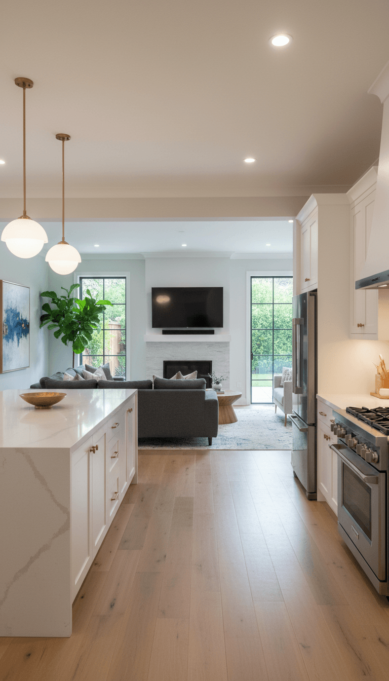 Open concept kitchen and living space after a full home remodel