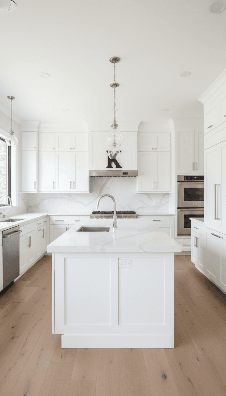 Finished kitchen remodel with white cabinets, quartz counters, and new lighting