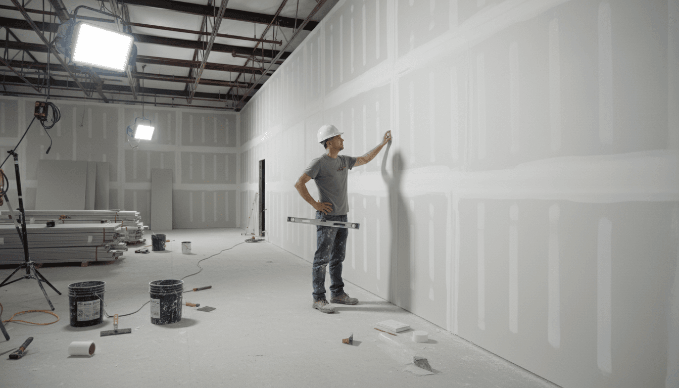 Contractor inspecting freshly installed and taped drywall in a commercial space