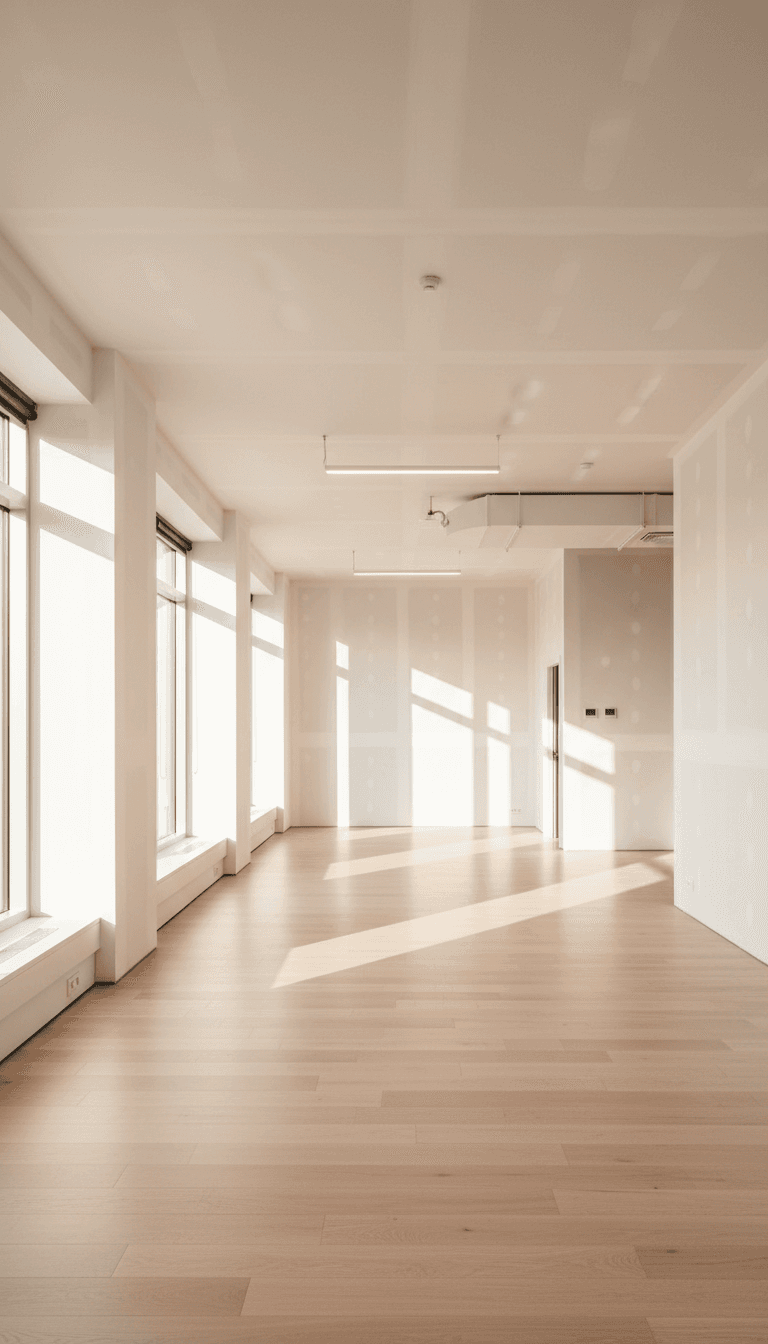 Finished open plan office with smooth white drywall walls