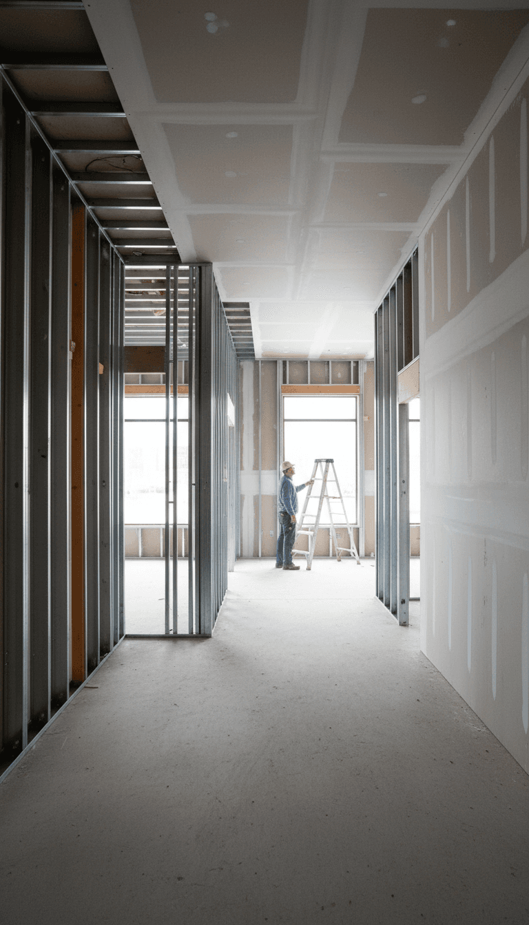 Steel stud framing and partially installed drywall inside a commercial space under construction