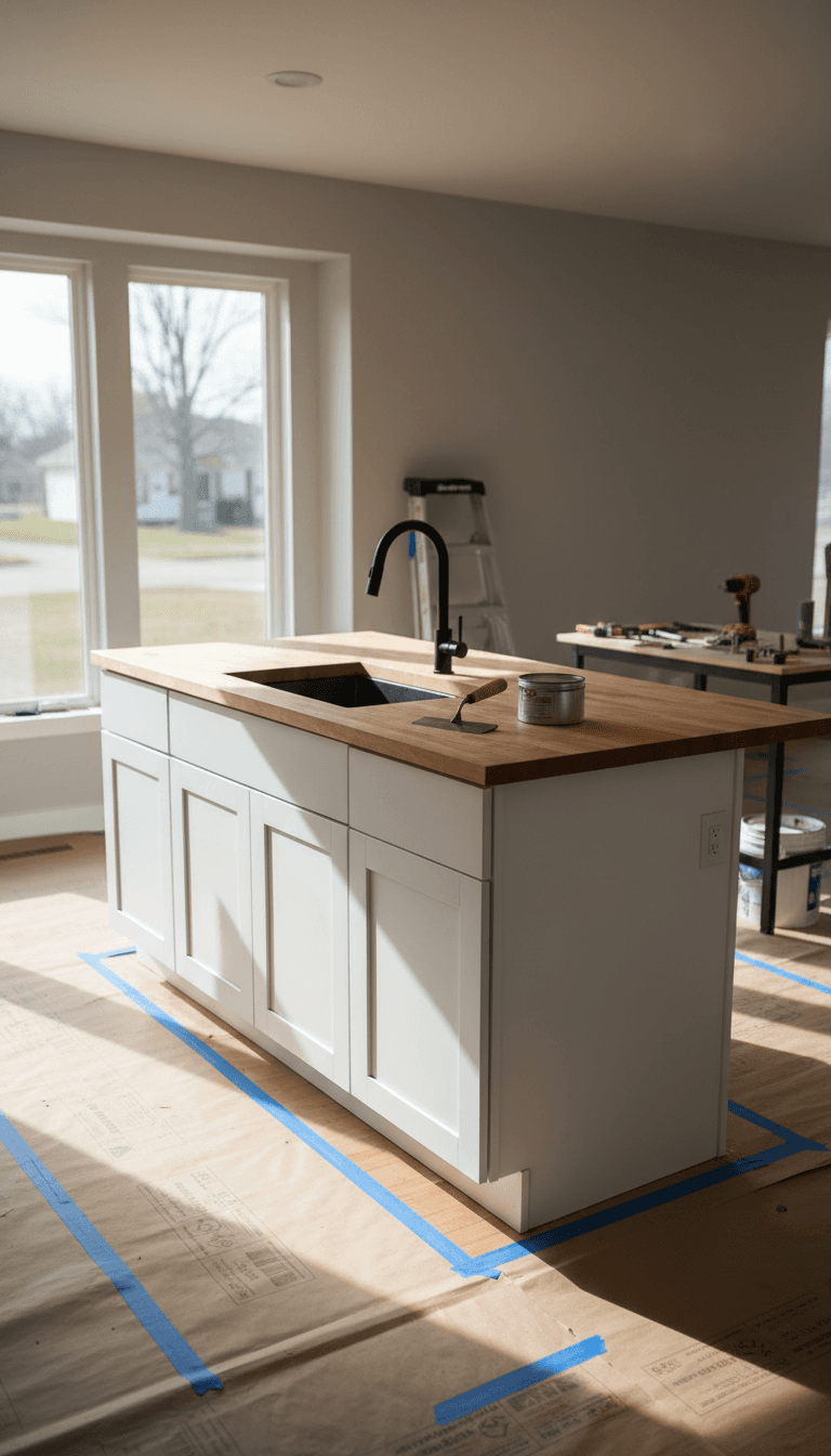 Newly refinished kitchen island with white shaker cabinets and butcher block countertop in a Nebraska home