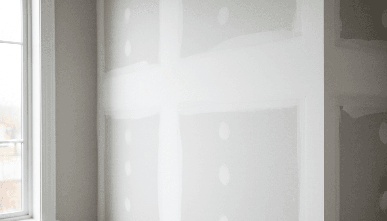 Freshly installed drywall wall with smooth finished corners in a bright residential room