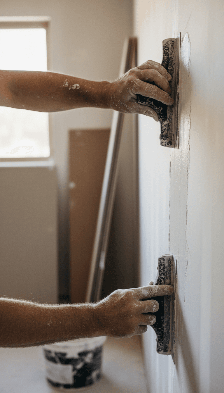 A drywall finisher's hands applying joint compound to a seam with a taping knife