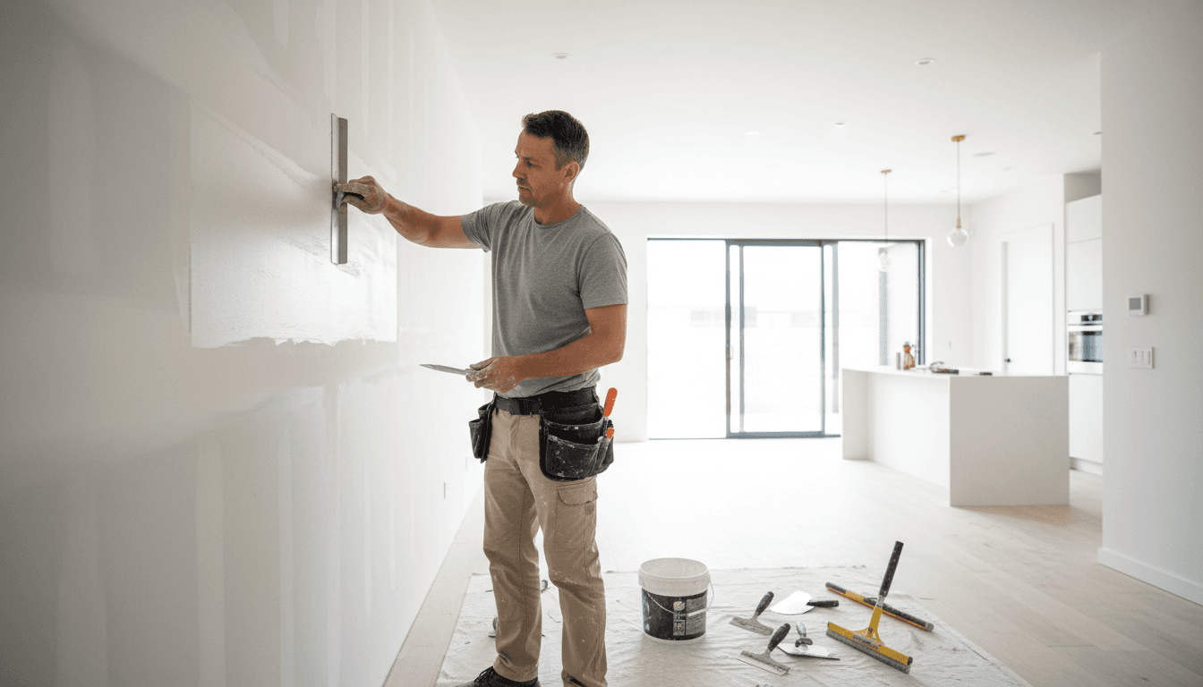 professional drywall contractor applying joint compound on wall in bright modern home interior with clean tools