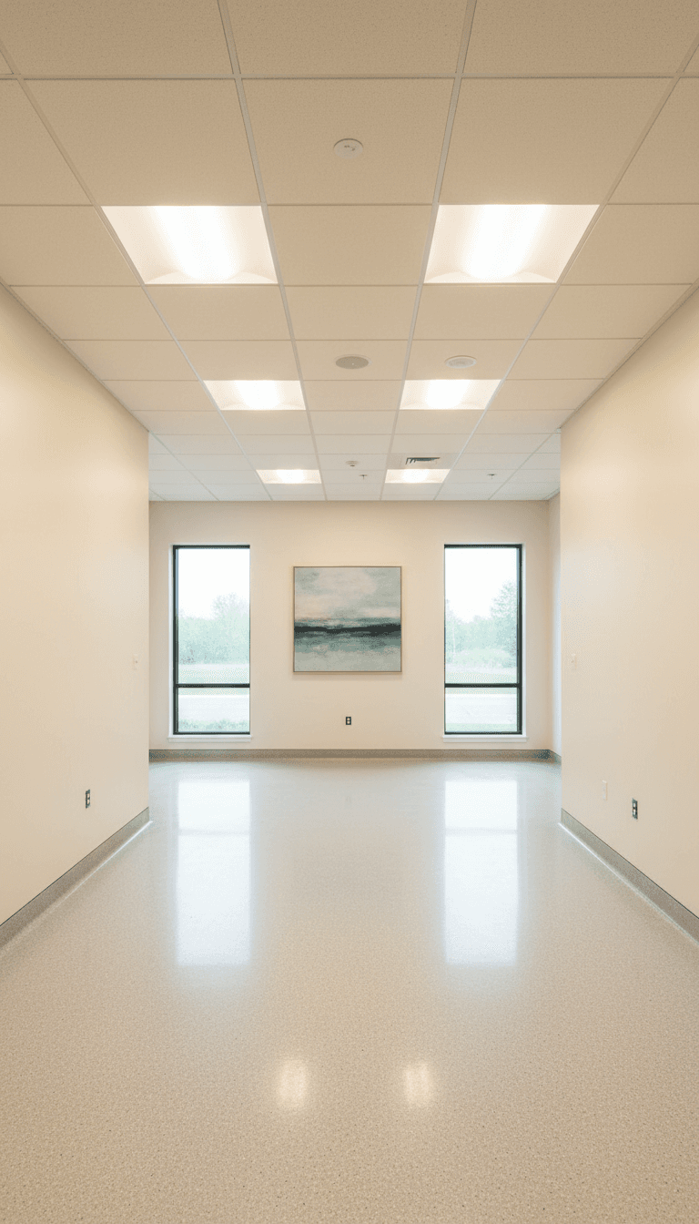 Finished healthcare reception area with smooth painted drywall
