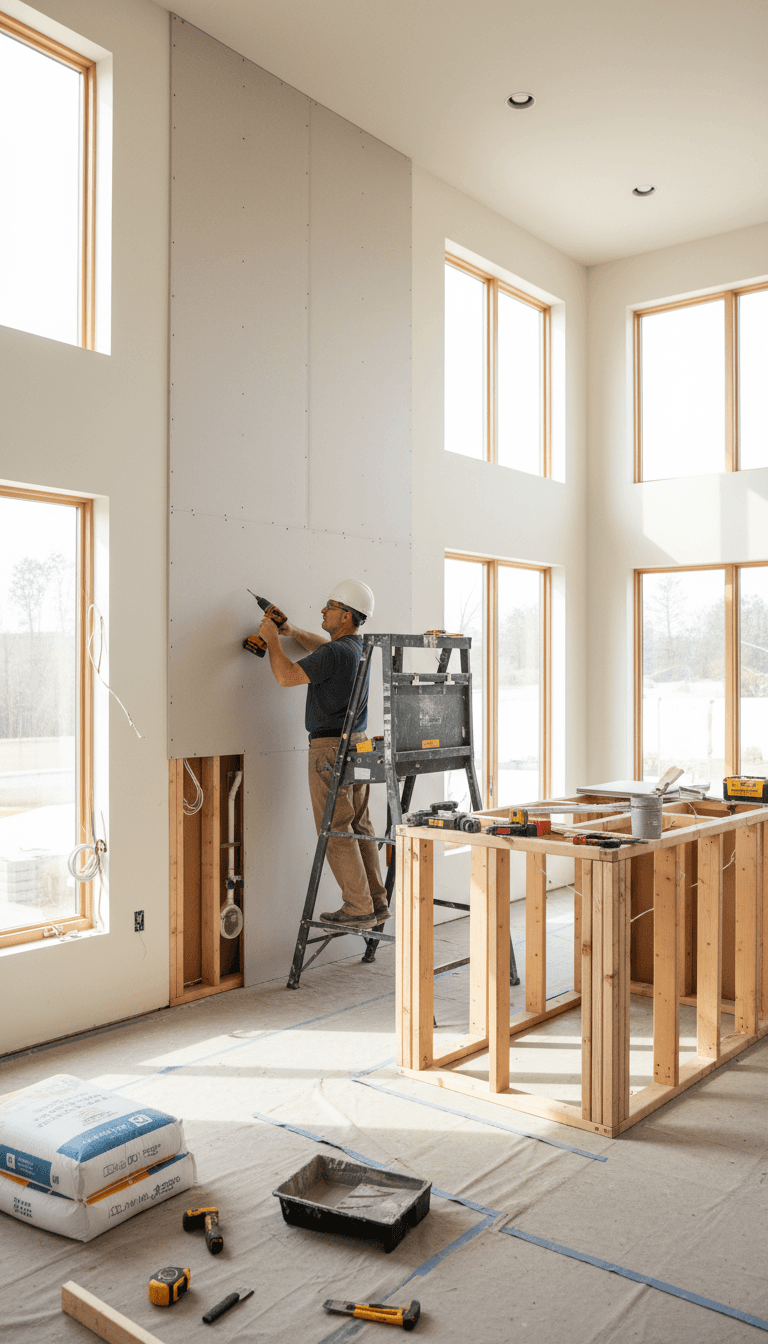 Contractor installing drywall in a bright kitchen remodeling project
