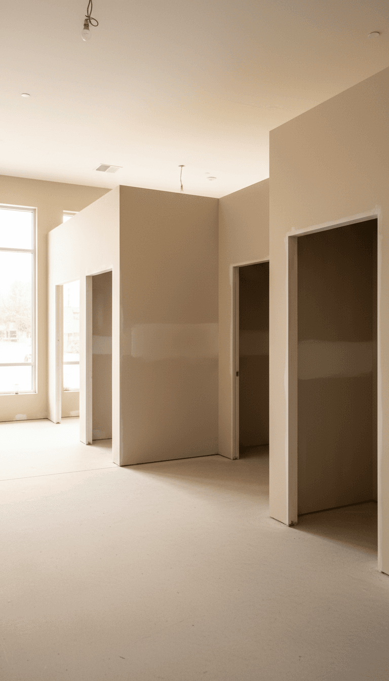 Retail space with fresh drywall partitions and painted walls