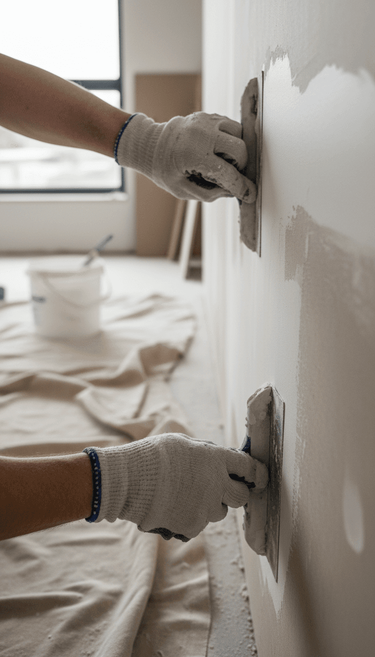 Close-up of a drywall finisher's hands applying joint compound with a taping knife on a clean, dust-free worksite