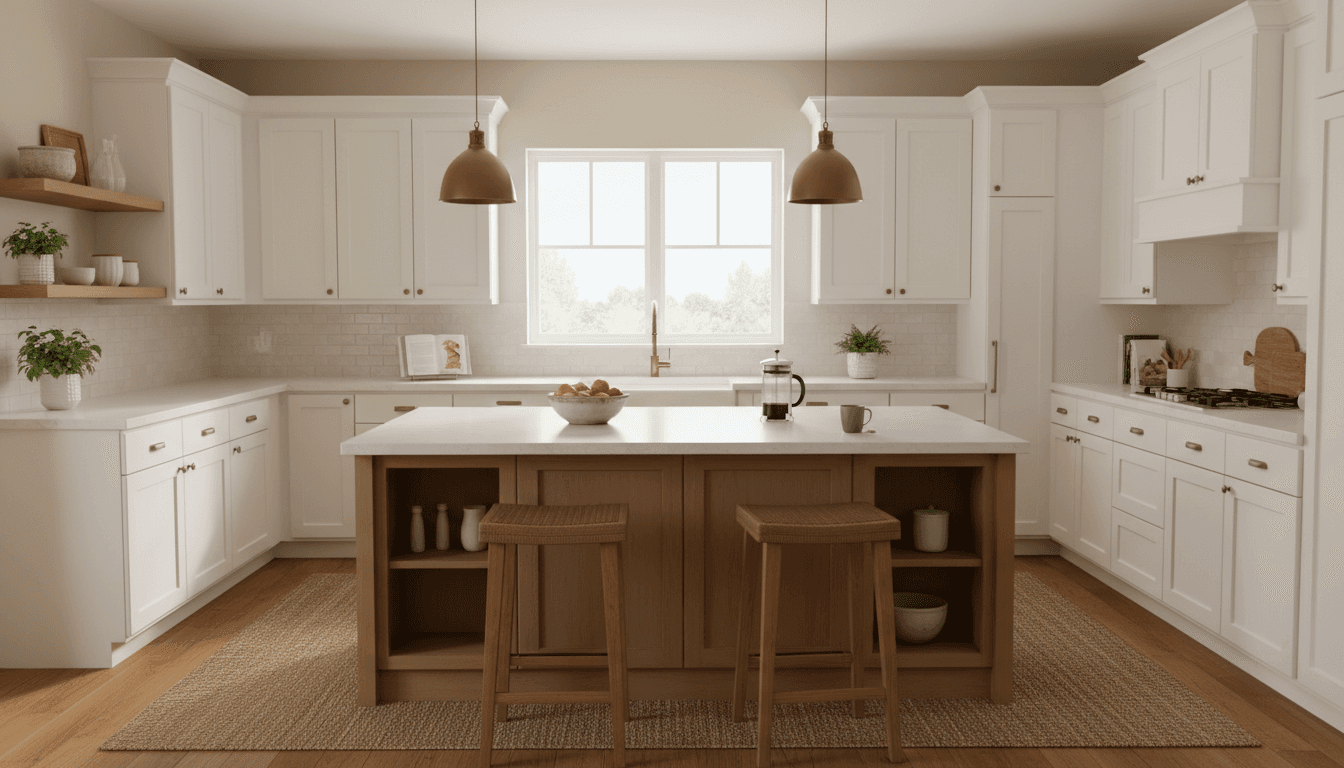 Freshly remodeled kitchen with white shaker cabinets and a large island in natural light