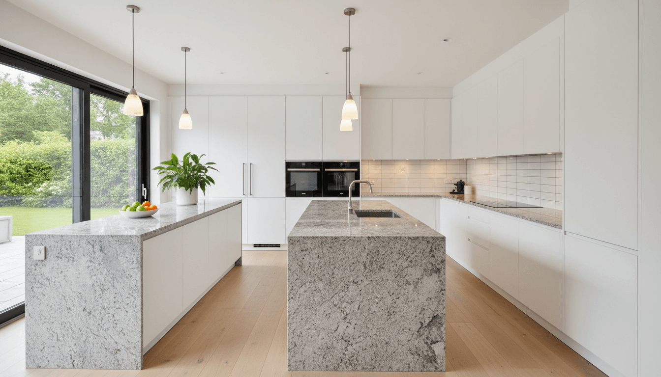 Modern renovated kitchen with white shaker cabinets and granite countertops