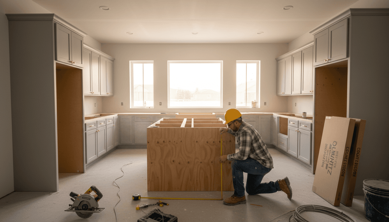 Kitchen remodel in progress with new cabinets and fresh drywall