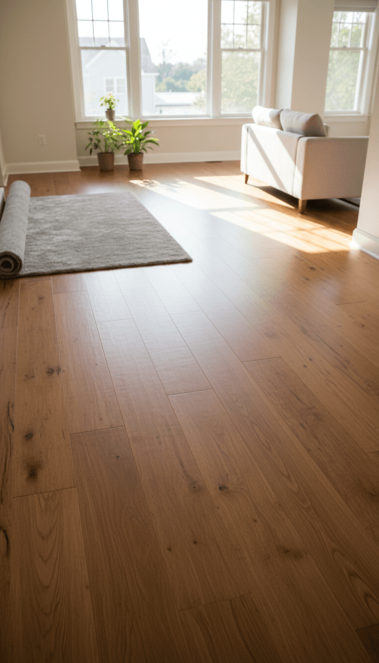 New hardwood flooring laid through a bright living room