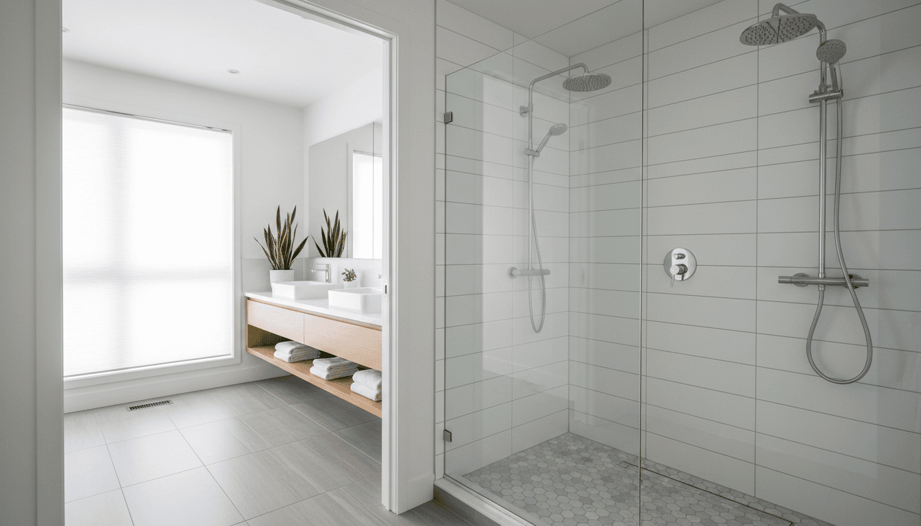 Renovated bathroom with walk-in shower and dark blue vanity