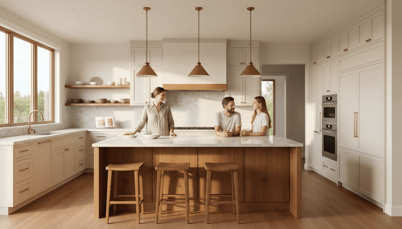 Kitchen renovation featuring a new island and pendant lighting