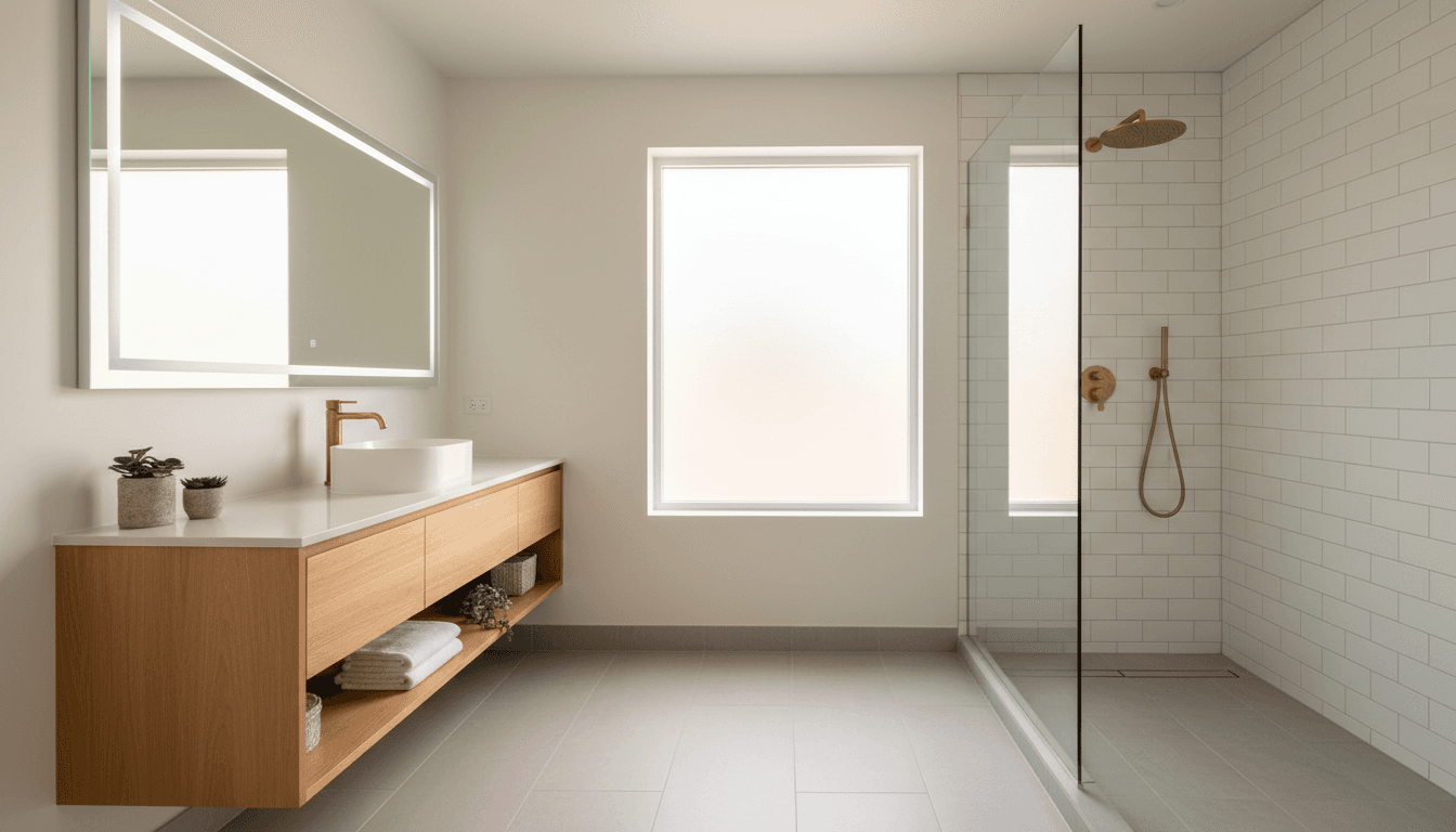 Modern renovated bathroom with a walk-in shower and dark blue vanity